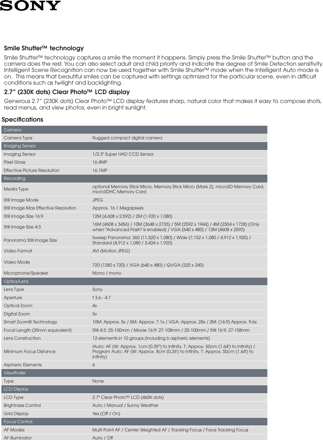 Page 2 of 4 - Sony Sony-Dsc-Tf1-R-Marketing-Specifications-  Sony-dsc-tf1-r-marketing-specifications