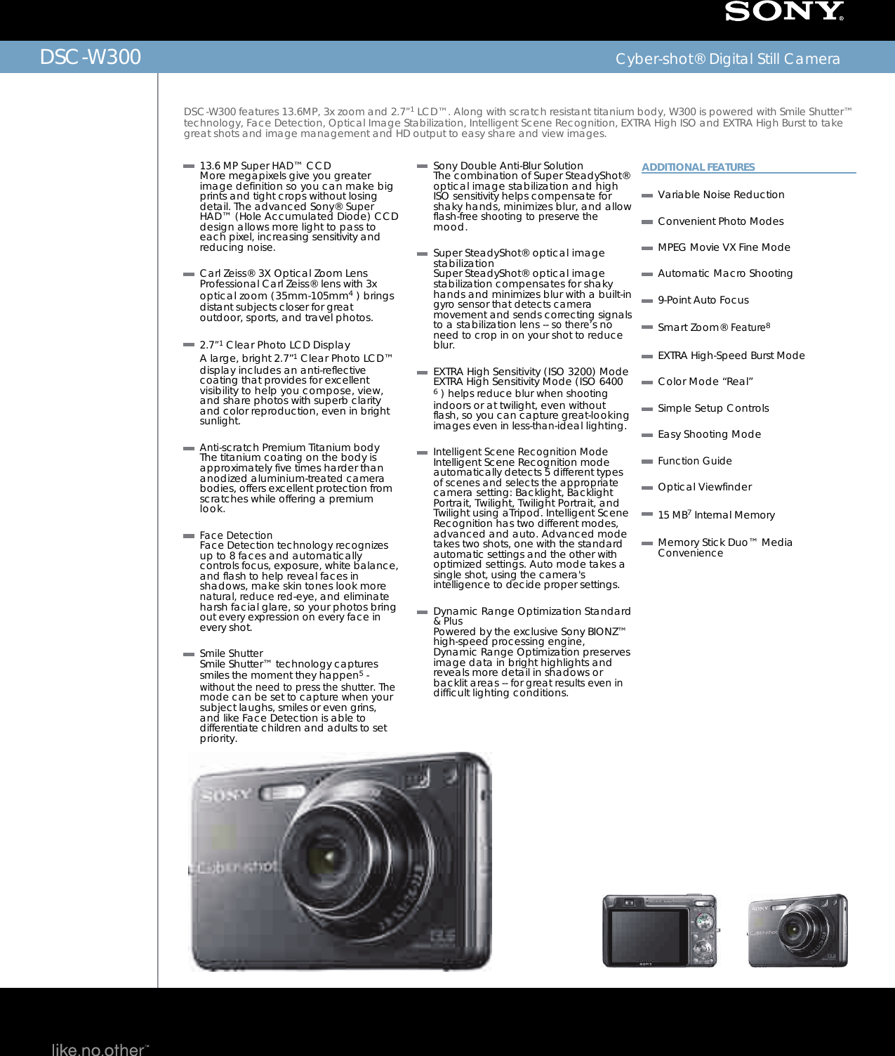 Page 1 of 2 - Sony Sony-Dsc-W300-Marketing-Specifications-  Sony-dsc-w300-marketing-specifications