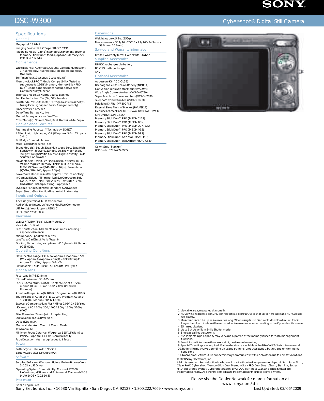 Page 2 of 2 - Sony Sony-Dsc-W300-Marketing-Specifications-  Sony-dsc-w300-marketing-specifications