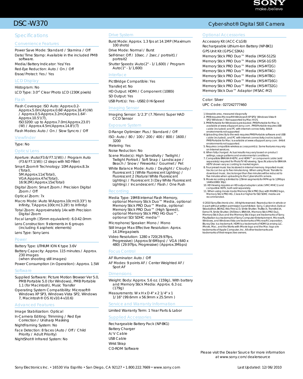 Page 2 of 2 - Sony Sony-Dsc-W370-B-Marketing-Specifications-  Sony-dsc-w370-b-marketing-specifications