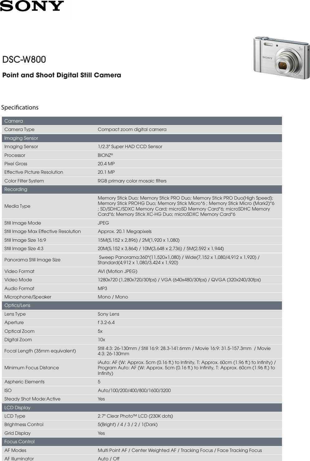 Page 1 of 3 - Sony Sony-Dsc-W800-Marketing-Specifications-  Sony-dsc-w800-marketing-specifications