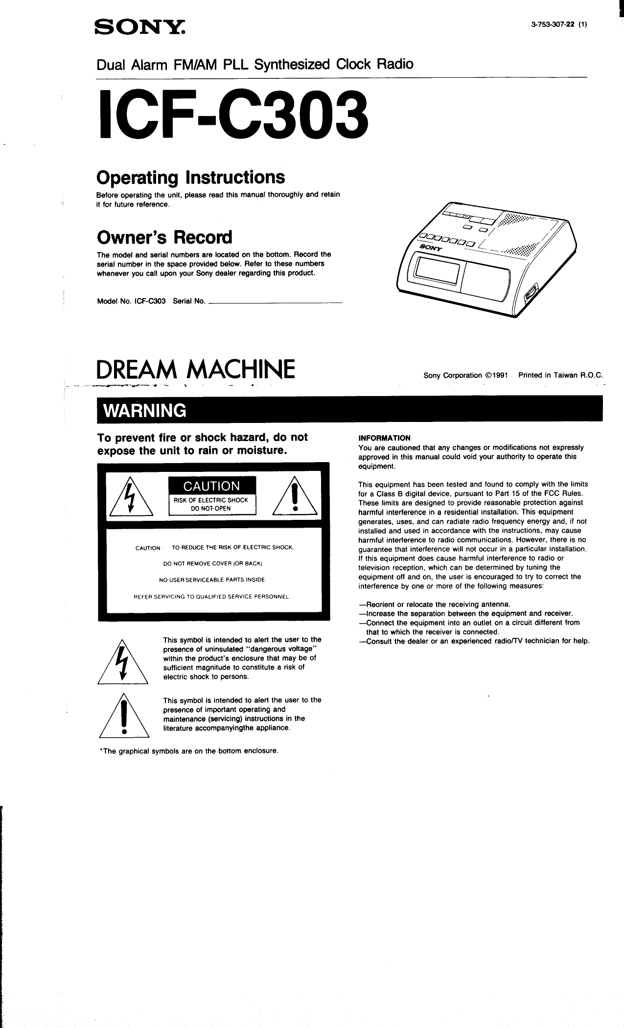 Page 1 of 8 - Sony Sony-Dual-Alarm-Fm-Am-Pll-Synthesized-Clock-Radio-Icf-C303-Users-Manual-  Sony-dual-alarm-fm-am-pll-synthesized-clock-radio-icf-c303-users-manual