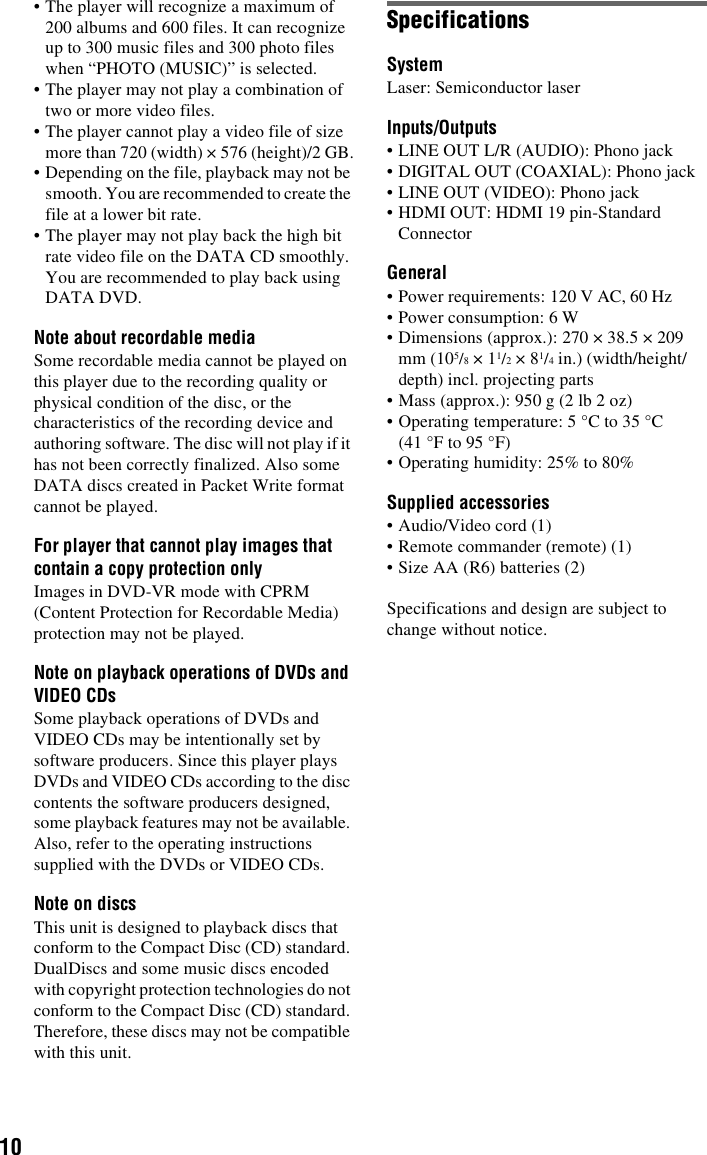Page 10 of 12 - Sony Sony-Dvpsr510H-Users-Manual- DVP-SR510H  Sony-dvpsr510h-users-manual