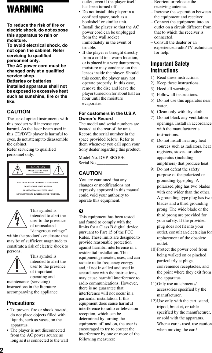 Page 2 of 12 - Sony Sony-Dvpsr510H-Users-Manual- DVP-SR510H  Sony-dvpsr510h-users-manual
