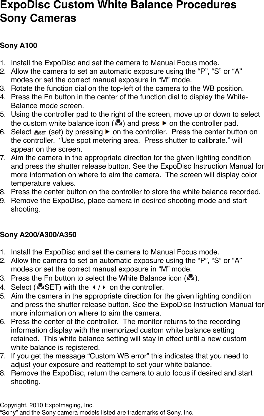 Page 1 of 3 - Sony Sony-Expodisc-A100-Users-Manual- SonyCustomWB  Sony-expodisc-a100-users-manual