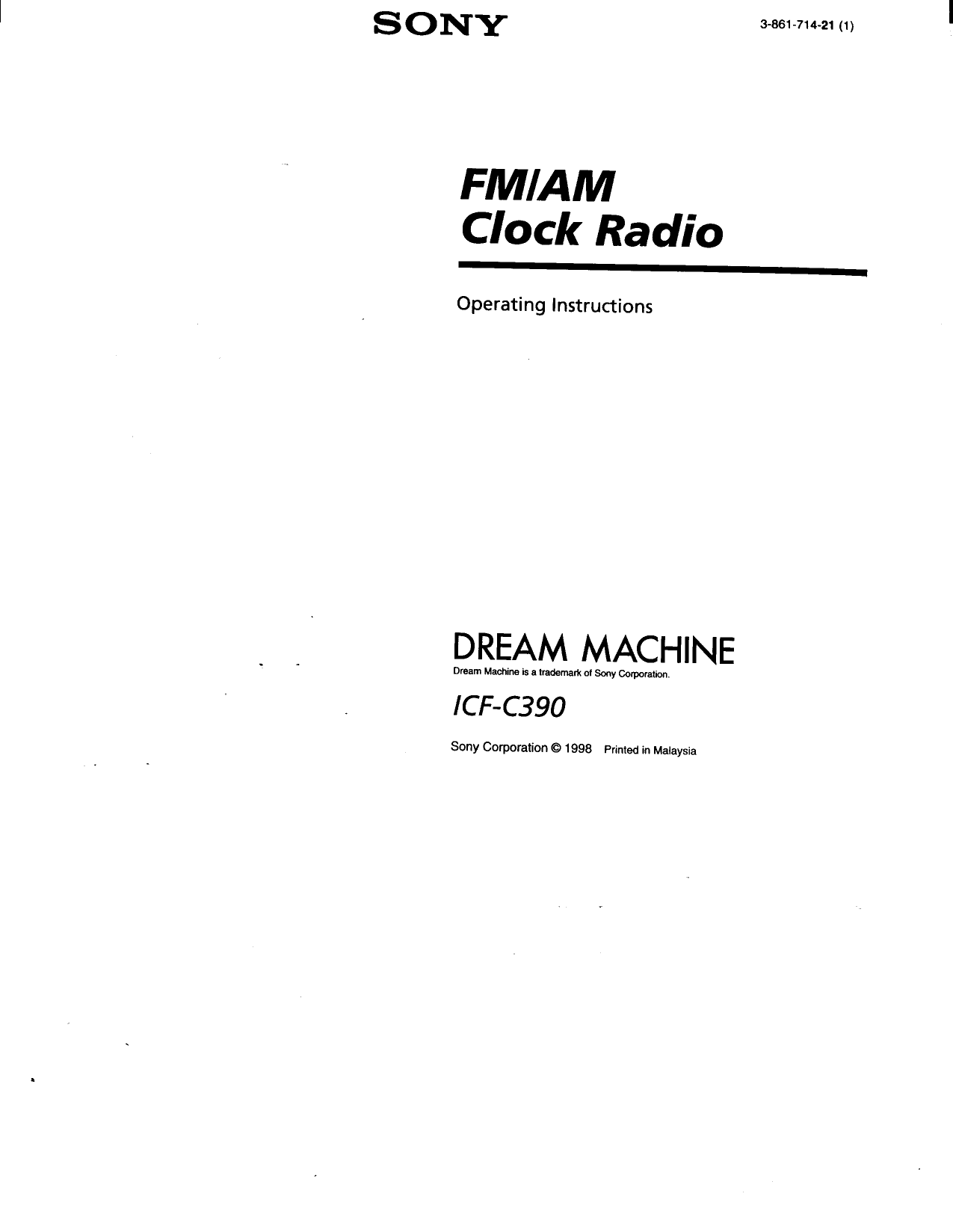 Sony Fm Am Clock Radio Dream Machine Icf C390 Users Manual