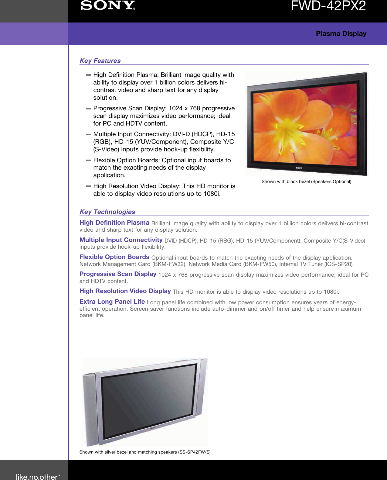 Page 1 of 2 - Sony Sony-Fwd-42Px2-Marketing-Specifications-  Sony-fwd-42px2-marketing-specifications