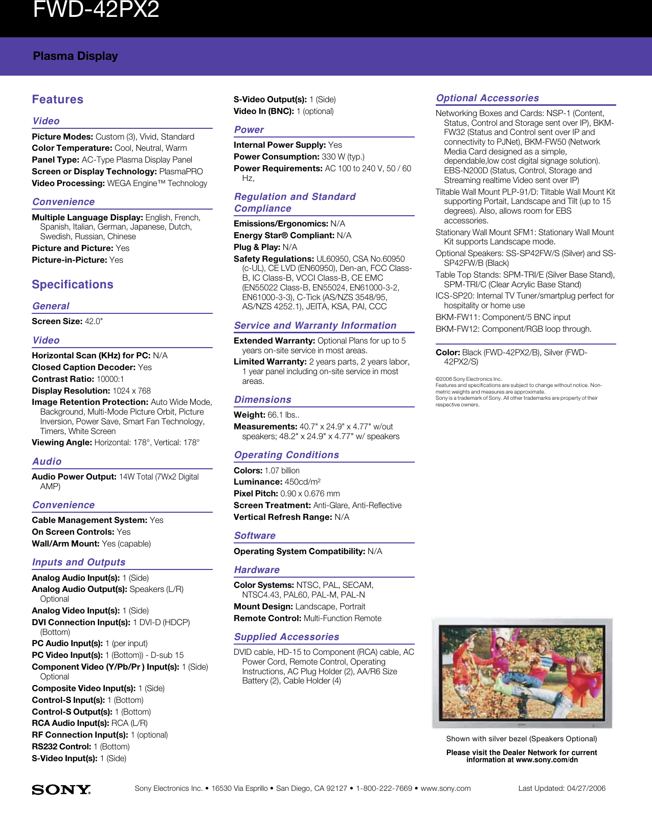 Page 2 of 2 - Sony Sony-Fwd-42Px2-Marketing-Specifications-  Sony-fwd-42px2-marketing-specifications