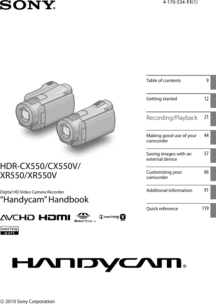 Sony Handycam Hdr Cx550 Users Manual CX550/CX550V/XR550/XR550V