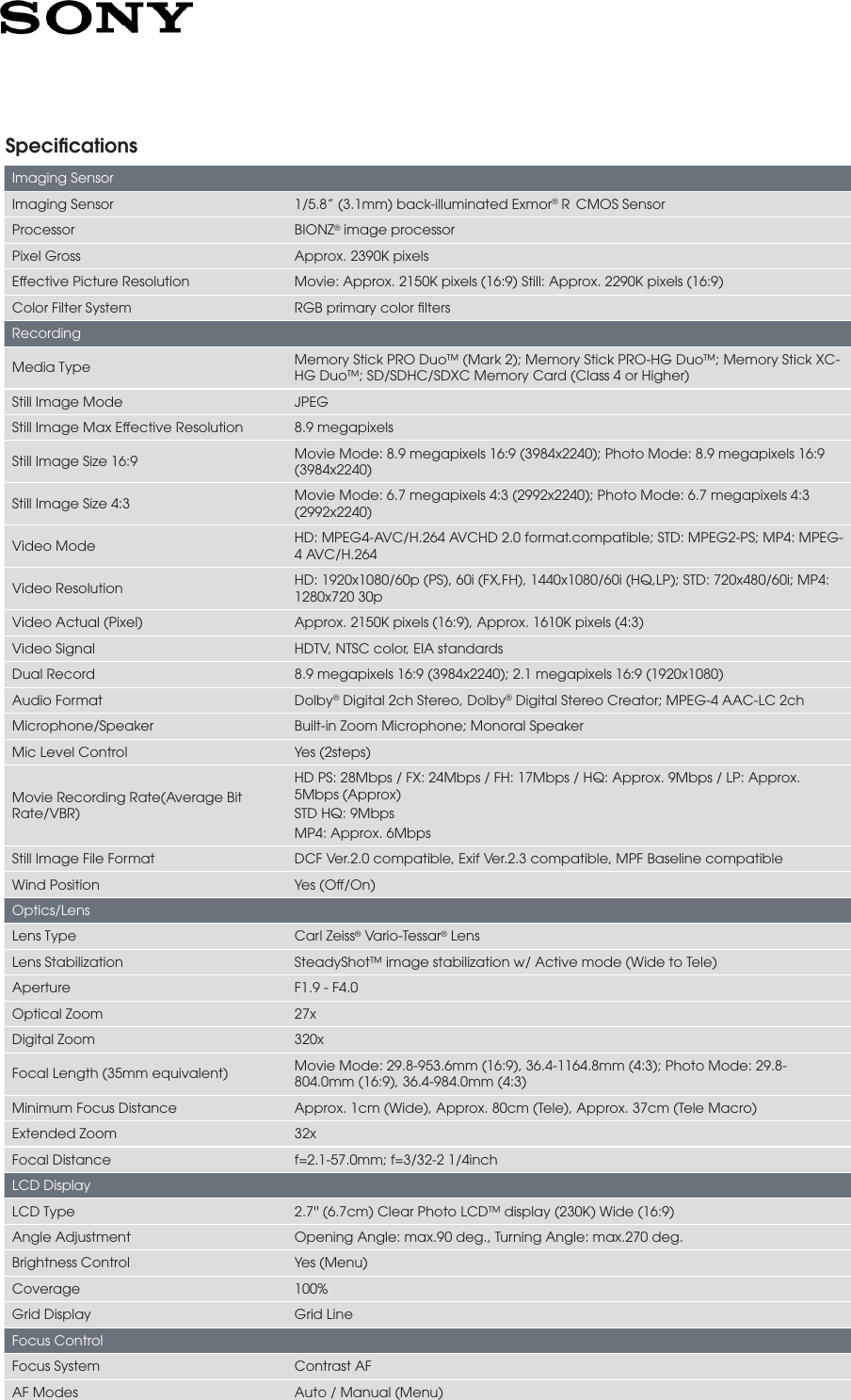 Page 2 of 4 - Sony Sony-Hdr-Cx220-S-Marketing-Specifications-  Sony-hdr-cx220-s-marketing-specifications