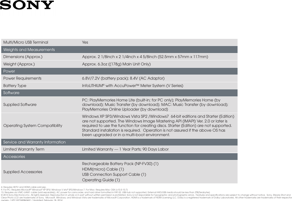 Page 4 of 4 - Sony Sony-Hdr-Cx220-S-Marketing-Specifications-  Sony-hdr-cx220-s-marketing-specifications