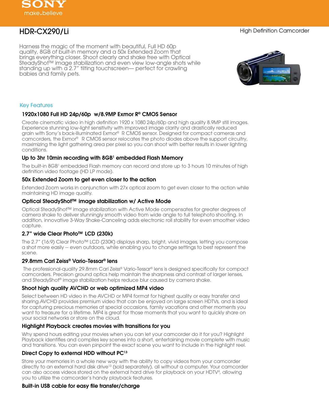 Page 1 of 4 - Sony Sony-Hdr-Cx290-Li-Marketing-Specifications-  Sony-hdr-cx290-li-marketing-specifications