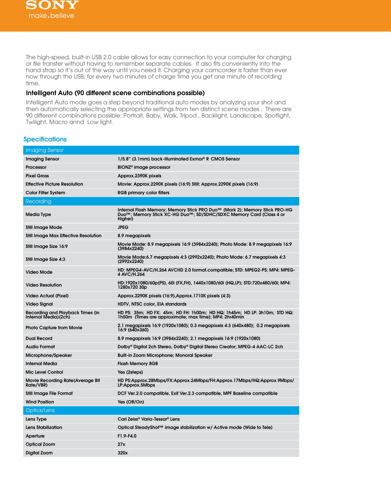 Page 2 of 4 - Sony Sony-Hdr-Cx290-Li-Marketing-Specifications-  Sony-hdr-cx290-li-marketing-specifications