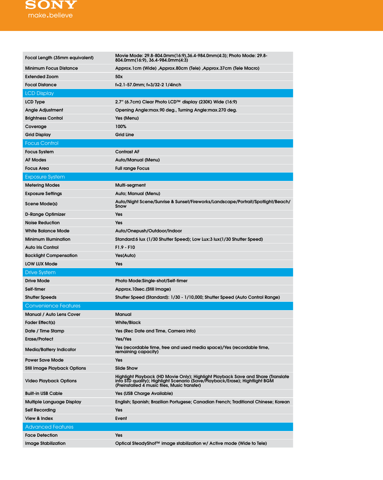 Page 3 of 4 - Sony Sony-Hdr-Cx290-Li-Marketing-Specifications-  Sony-hdr-cx290-li-marketing-specifications