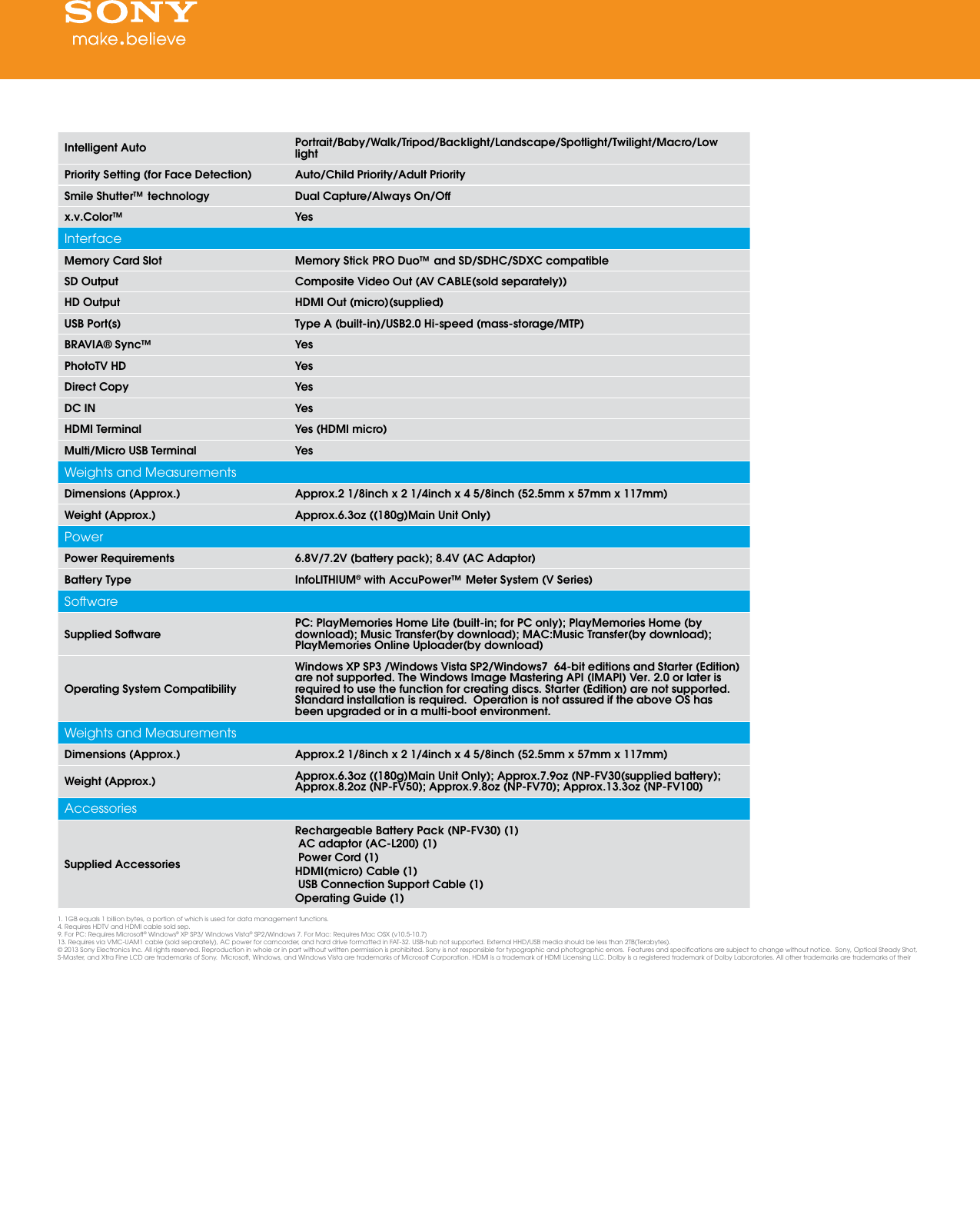 Page 4 of 4 - Sony Sony-Hdr-Cx290-Li-Marketing-Specifications-  Sony-hdr-cx290-li-marketing-specifications