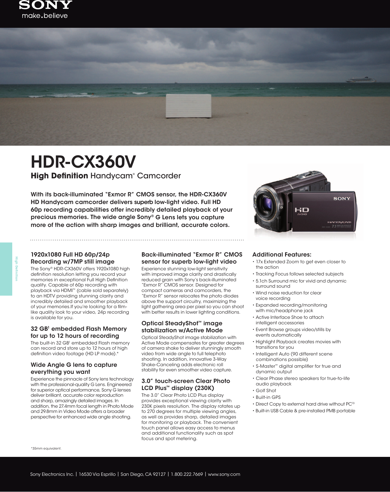 Page 1 of 2 - Sony Sony-Hdr-Cx360V-Marketing-Specifications- CAM_SpecSheetsONLY2011  Sony-hdr-cx360v-marketing-specifications