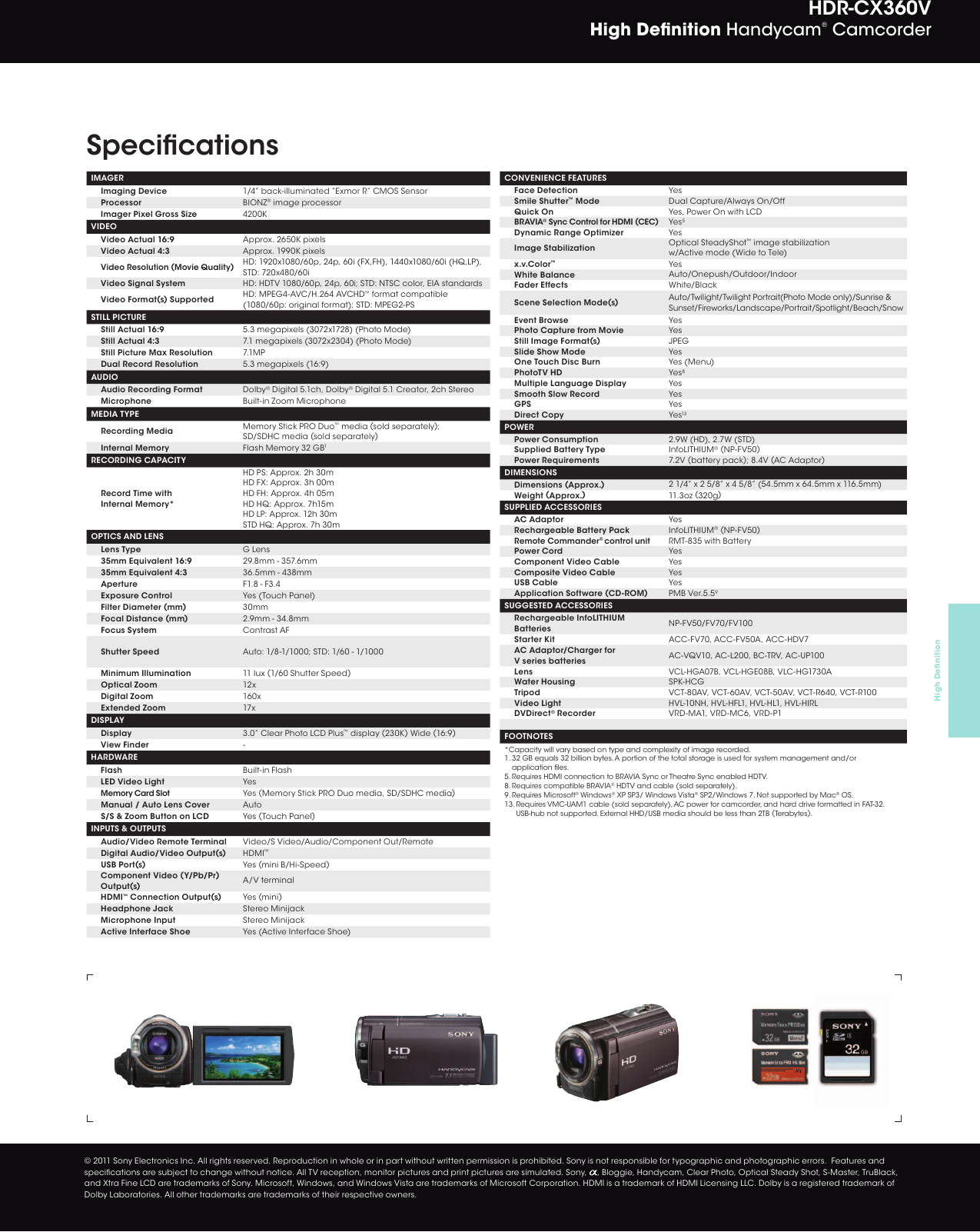 Page 2 of 2 - Sony Sony-Hdr-Cx360V-Marketing-Specifications- CAM_SpecSheetsONLY2011  Sony-hdr-cx360v-marketing-specifications