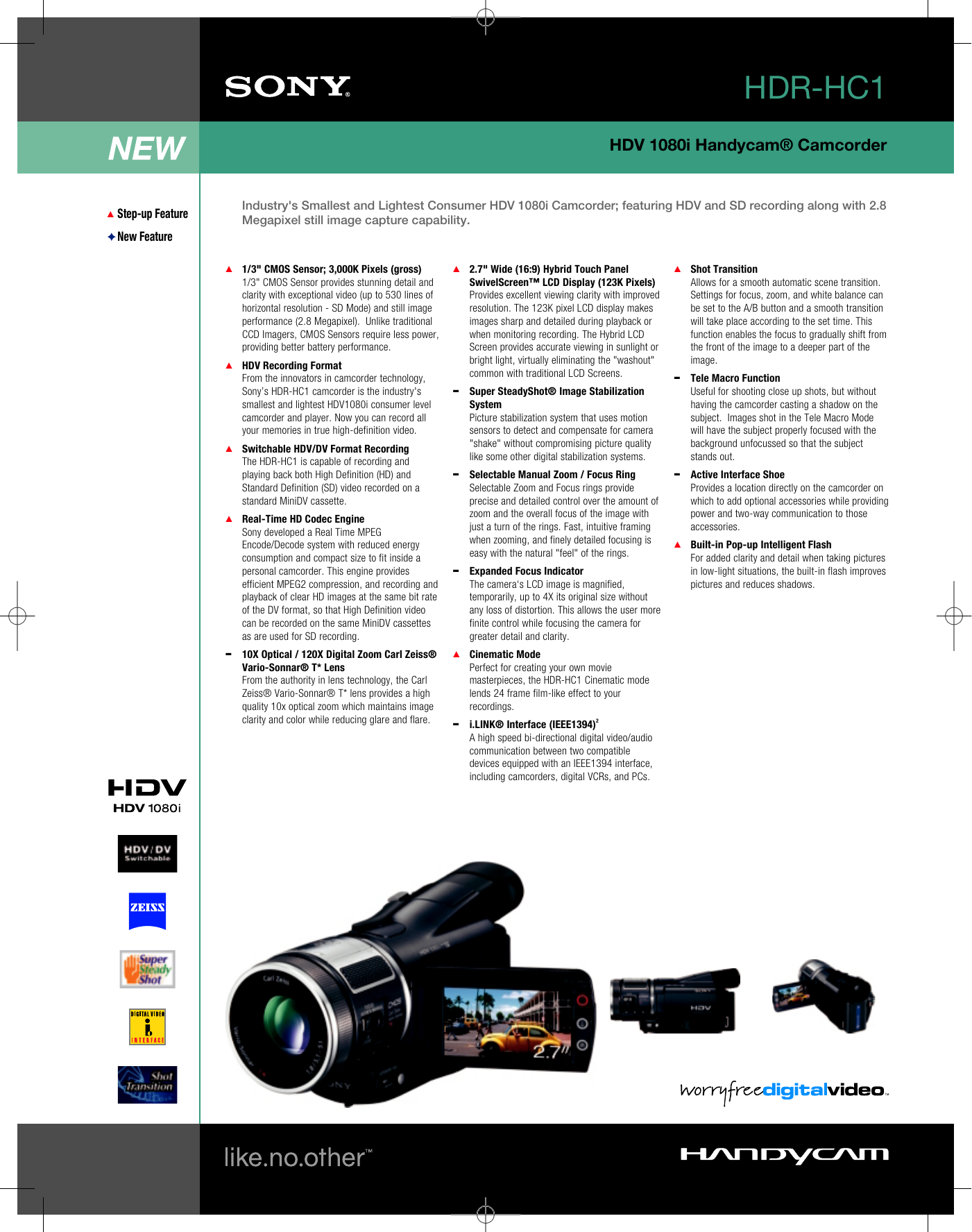Page 1 of 2 - Sony Sony-Hdr-Hc1-Marketing-Specifications-  Sony-hdr-hc1-marketing-specifications