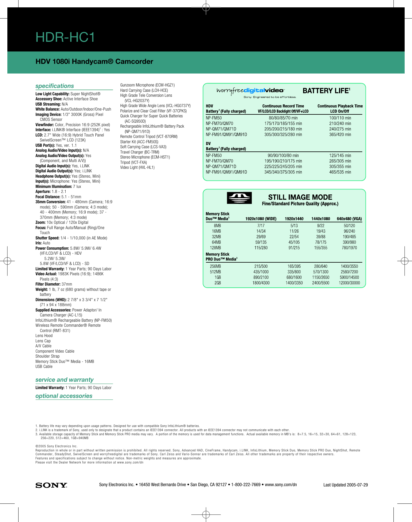 Page 2 of 2 - Sony Sony-Hdr-Hc1-Marketing-Specifications-  Sony-hdr-hc1-marketing-specifications