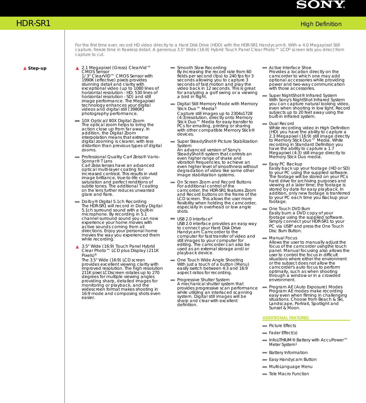 Page 1 of 2 - Sony Sony-Hdr-Sr1-Marketing-Specifications-  Sony-hdr-sr1-marketing-specifications