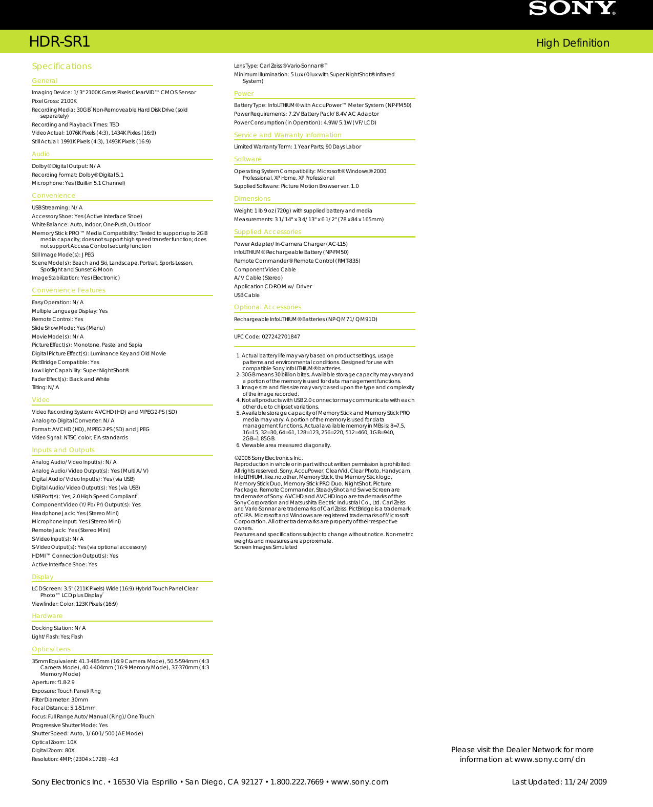 Page 2 of 2 - Sony Sony-Hdr-Sr1-Marketing-Specifications-  Sony-hdr-sr1-marketing-specifications