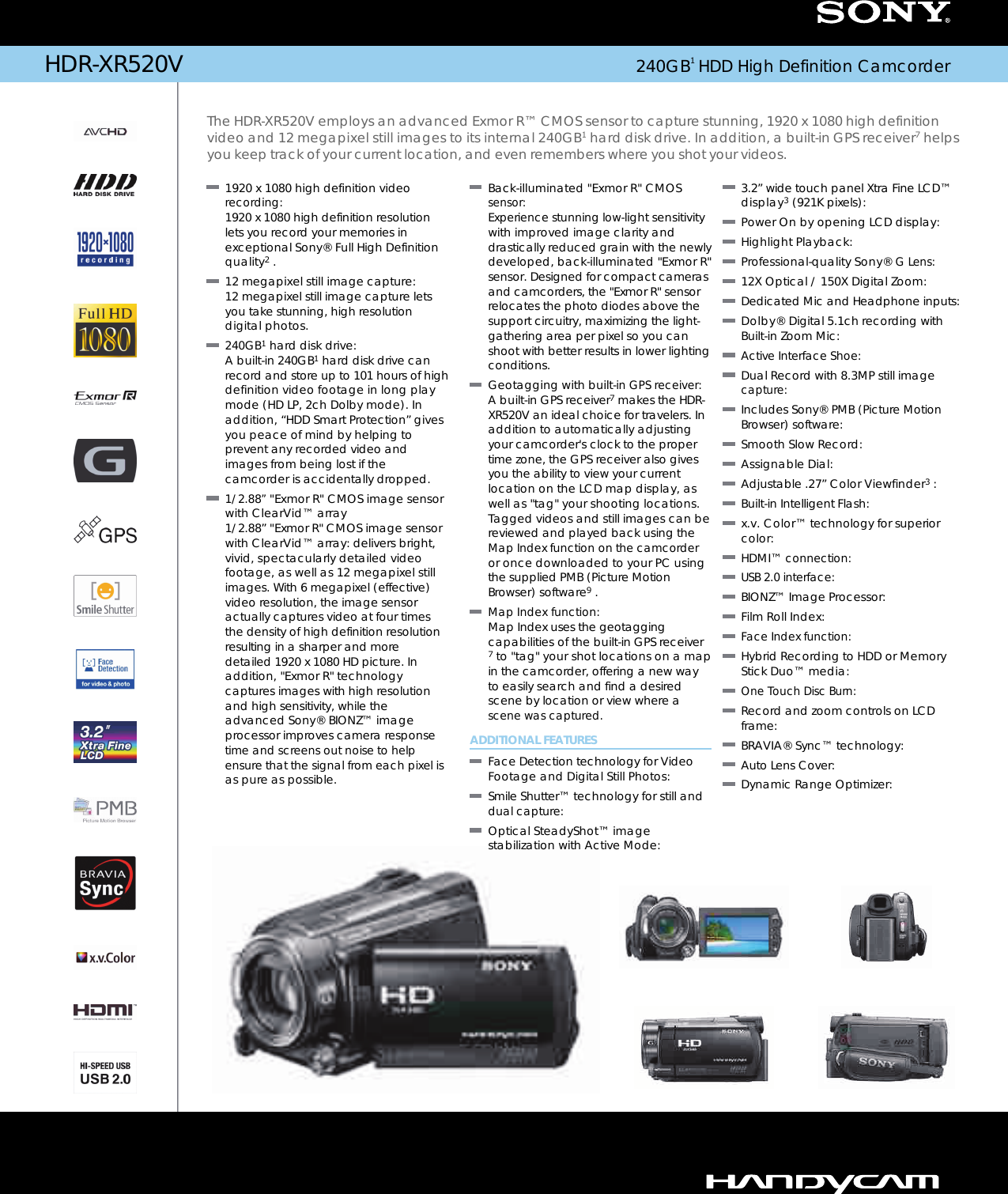 Page 1 of 2 - Sony Sony-Hdr-Xr520V-Marketing-Specifications-  Sony-hdr-xr520v-marketing-specifications