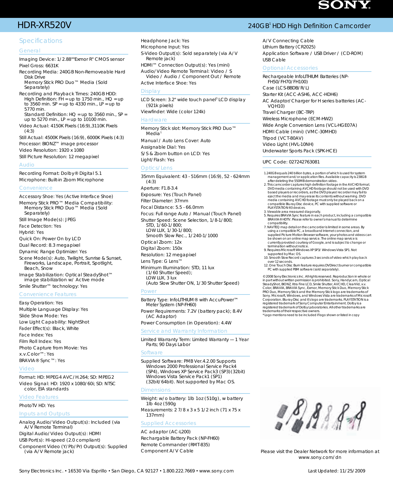 Page 2 of 2 - Sony Sony-Hdr-Xr520V-Marketing-Specifications-  Sony-hdr-xr520v-marketing-specifications