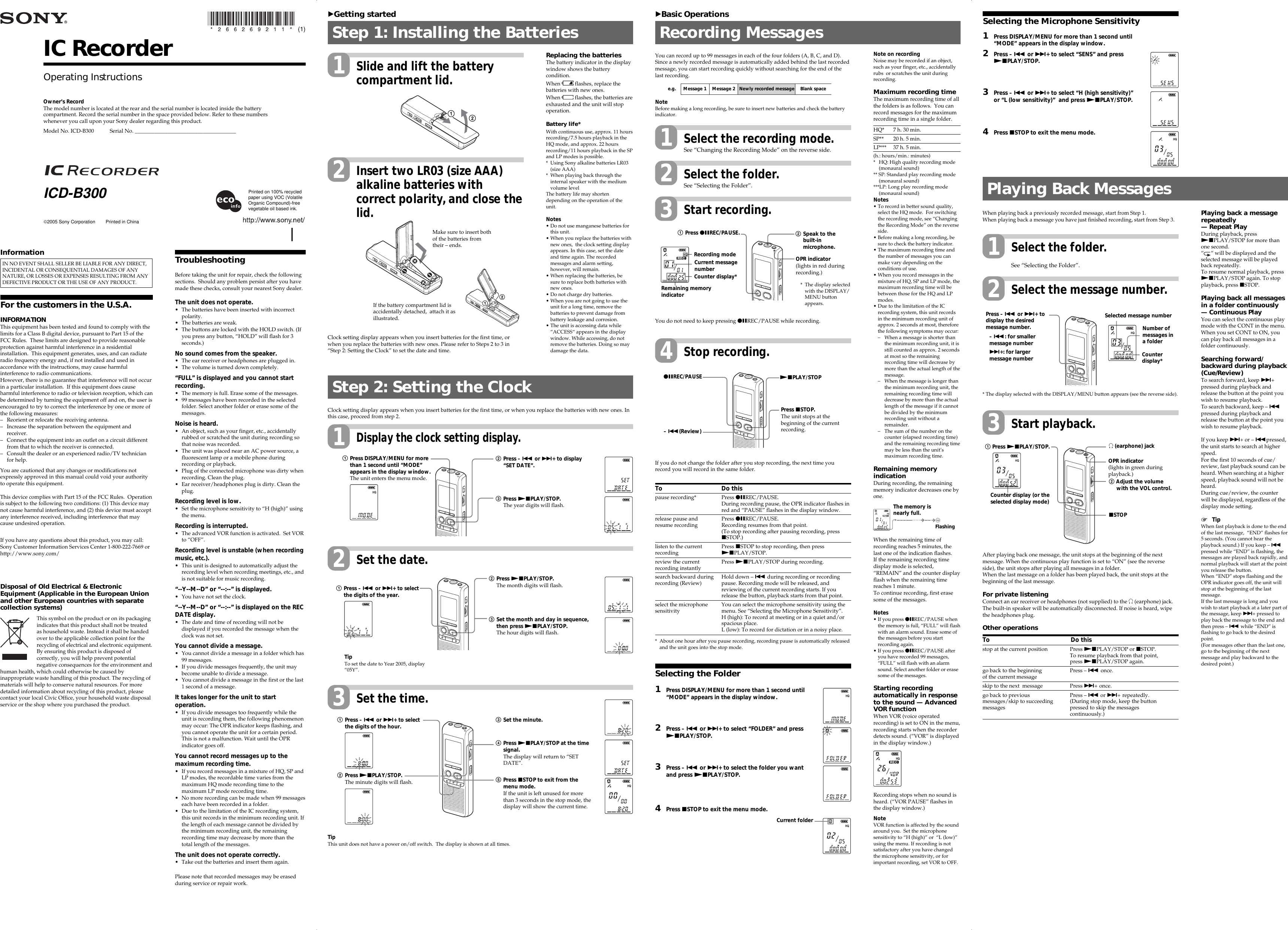 Page 1 of 2 - Sony Sony-Icd-B300-Users-Manual- ICD-B300  Sony-icd-b300-users-manual