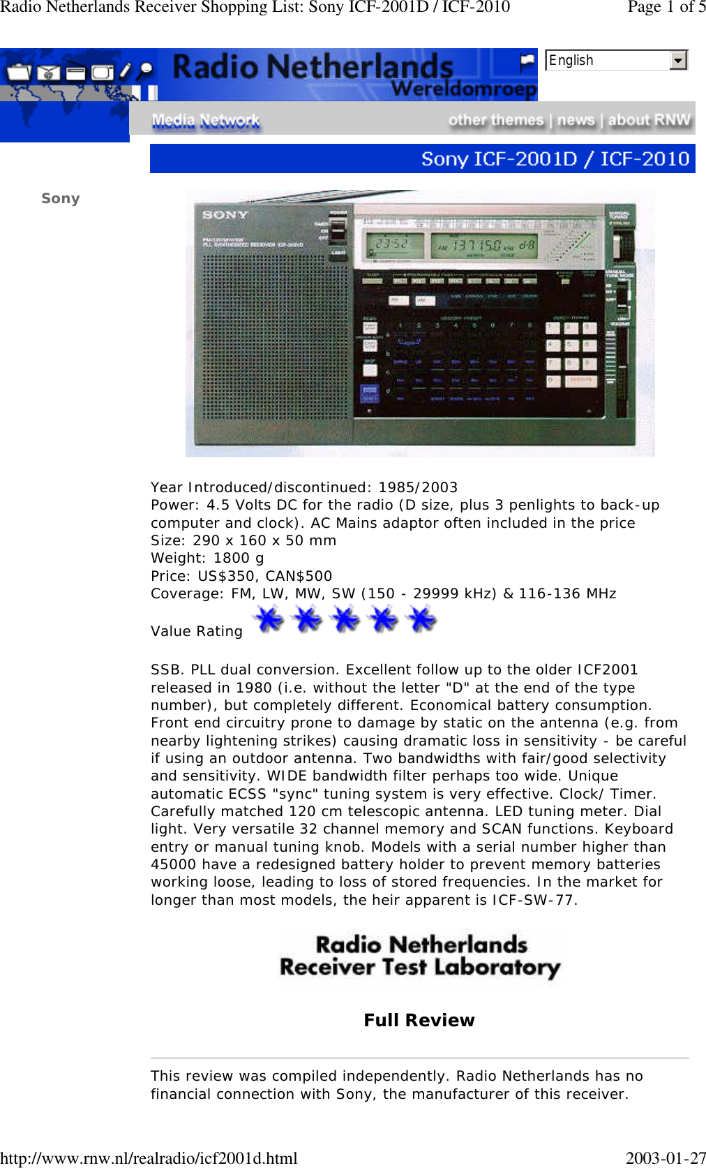 Page 1 of 5 - Sony Sony-Icf-2010-Users-Manual-  Sony-icf-2010-users-manual