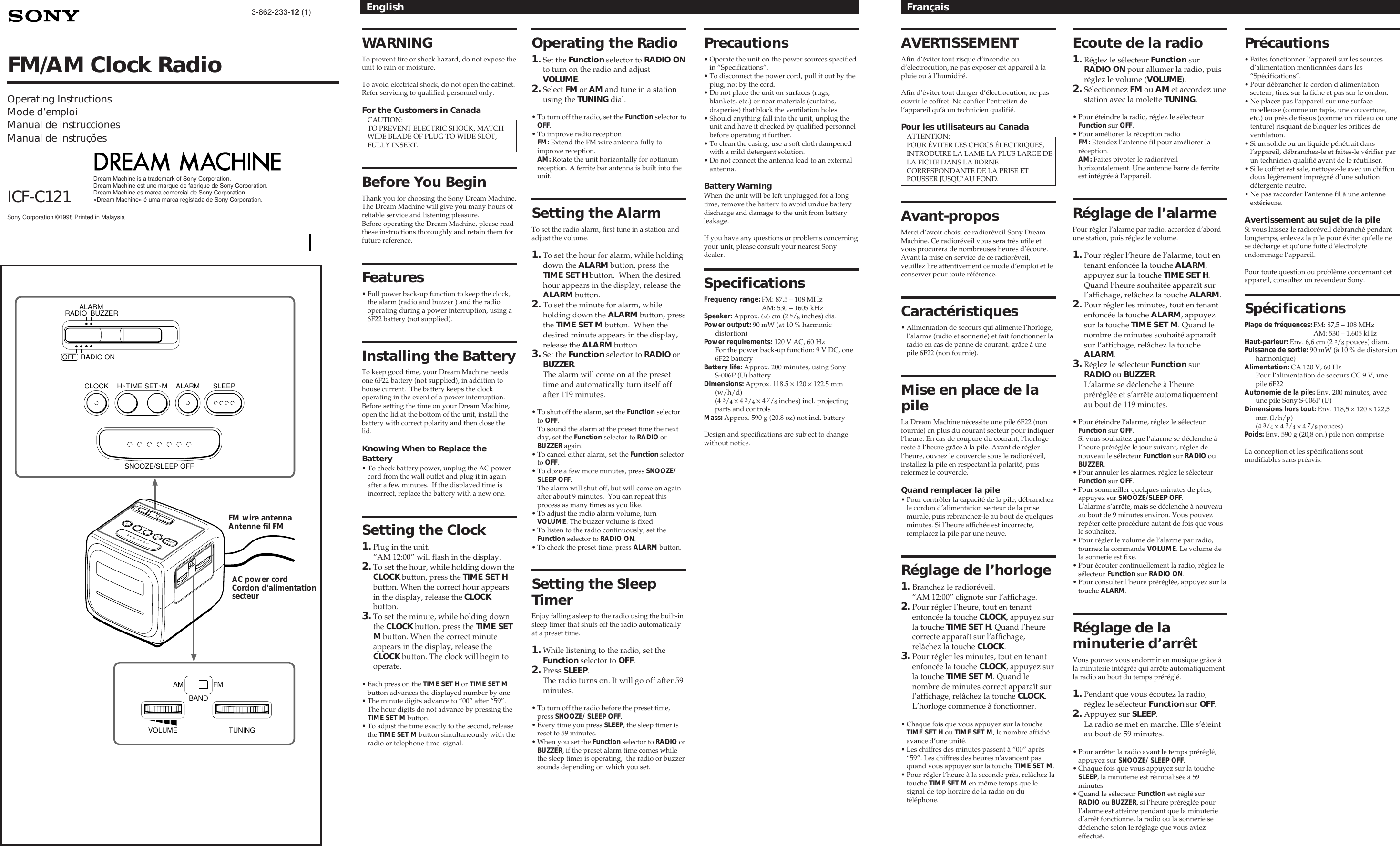 Sony Icf C121 Operating Instructions