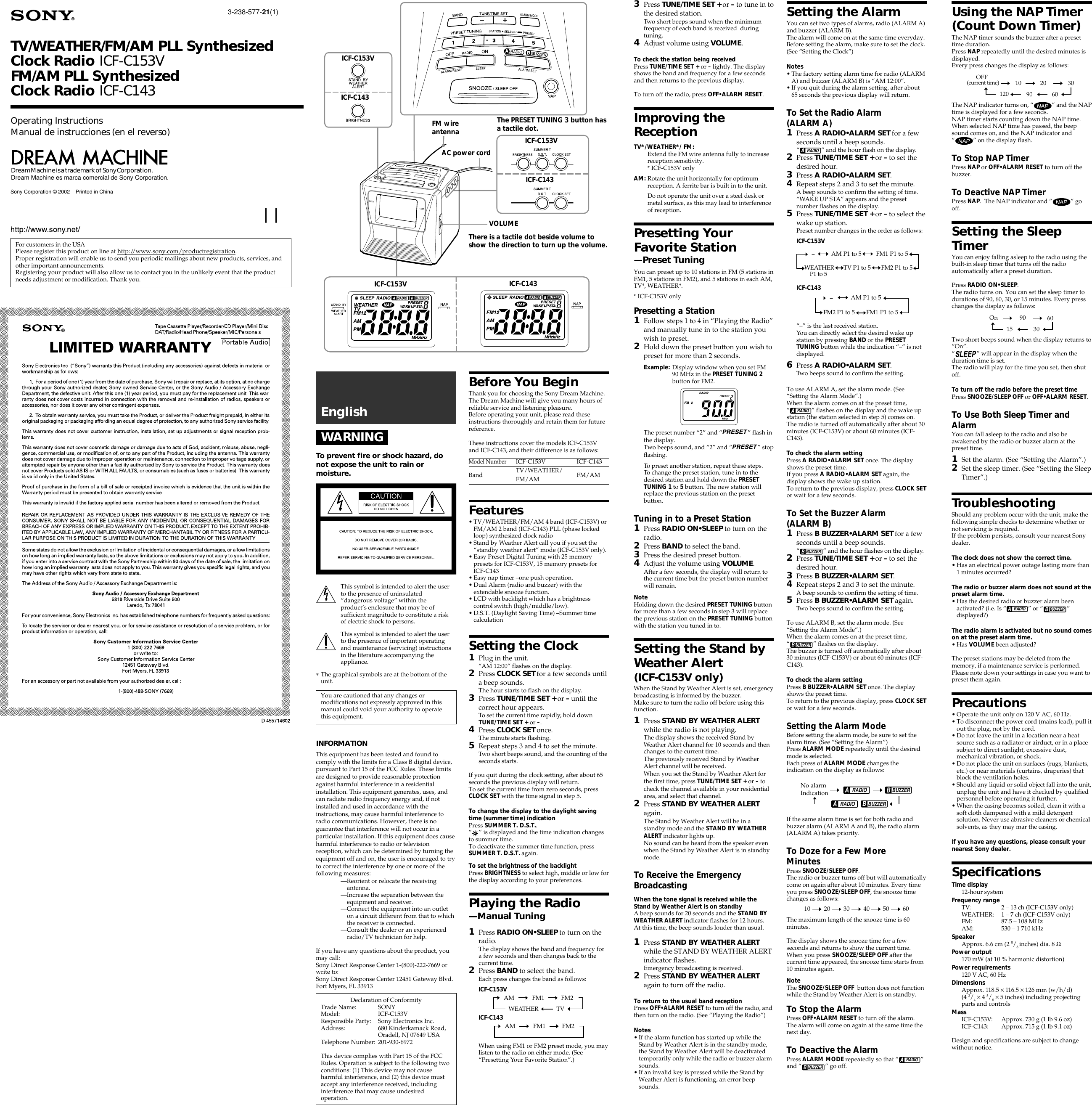 Sony Icf C153V Users Manual C153V/143