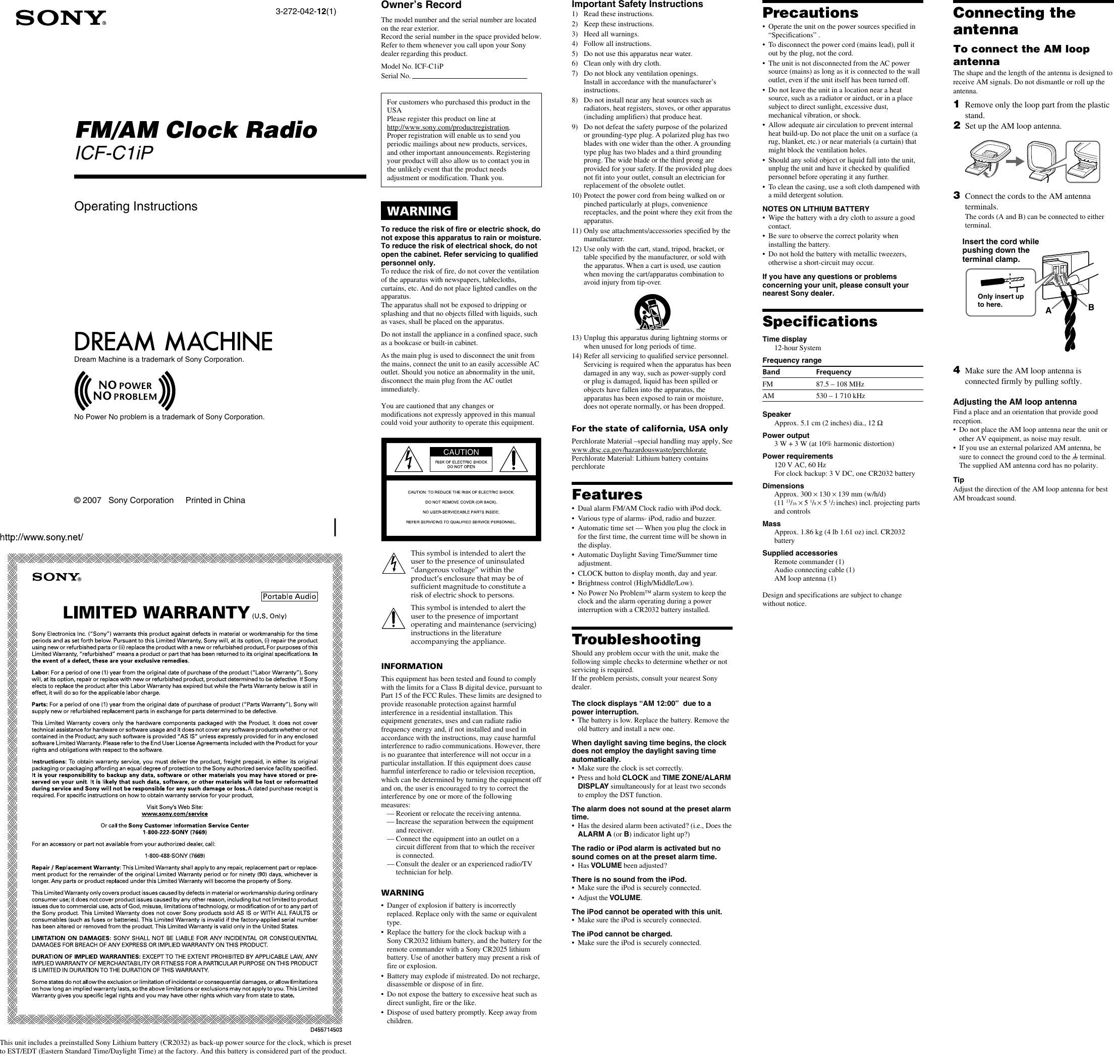 Page 1 of 2 - Sony Sony-Icf-C1Ipwhite-Operating-Instructions- ICF-C1iP  Sony-icf-c1ipwhite-operating-instructions