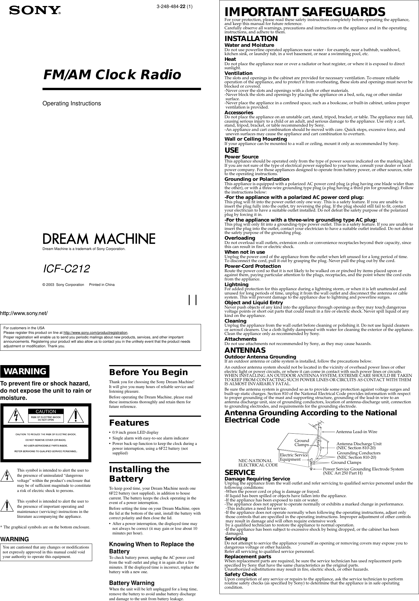 Sony Icf C212 Operating Instructions