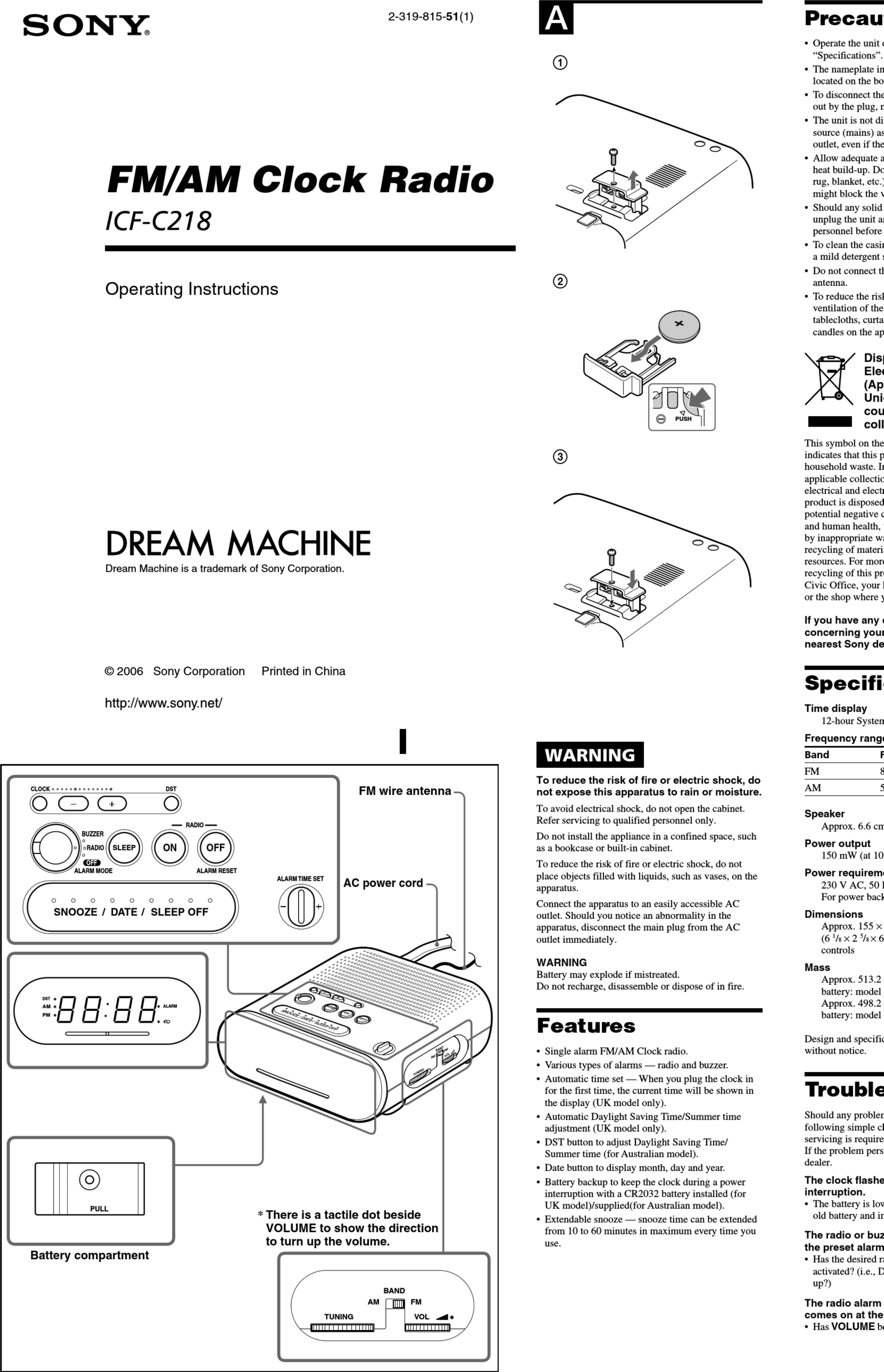 Page 1 of 2 - Sony Sony-Icf-C218-Instruction-And-Operation-Manual-1002680 User Manual