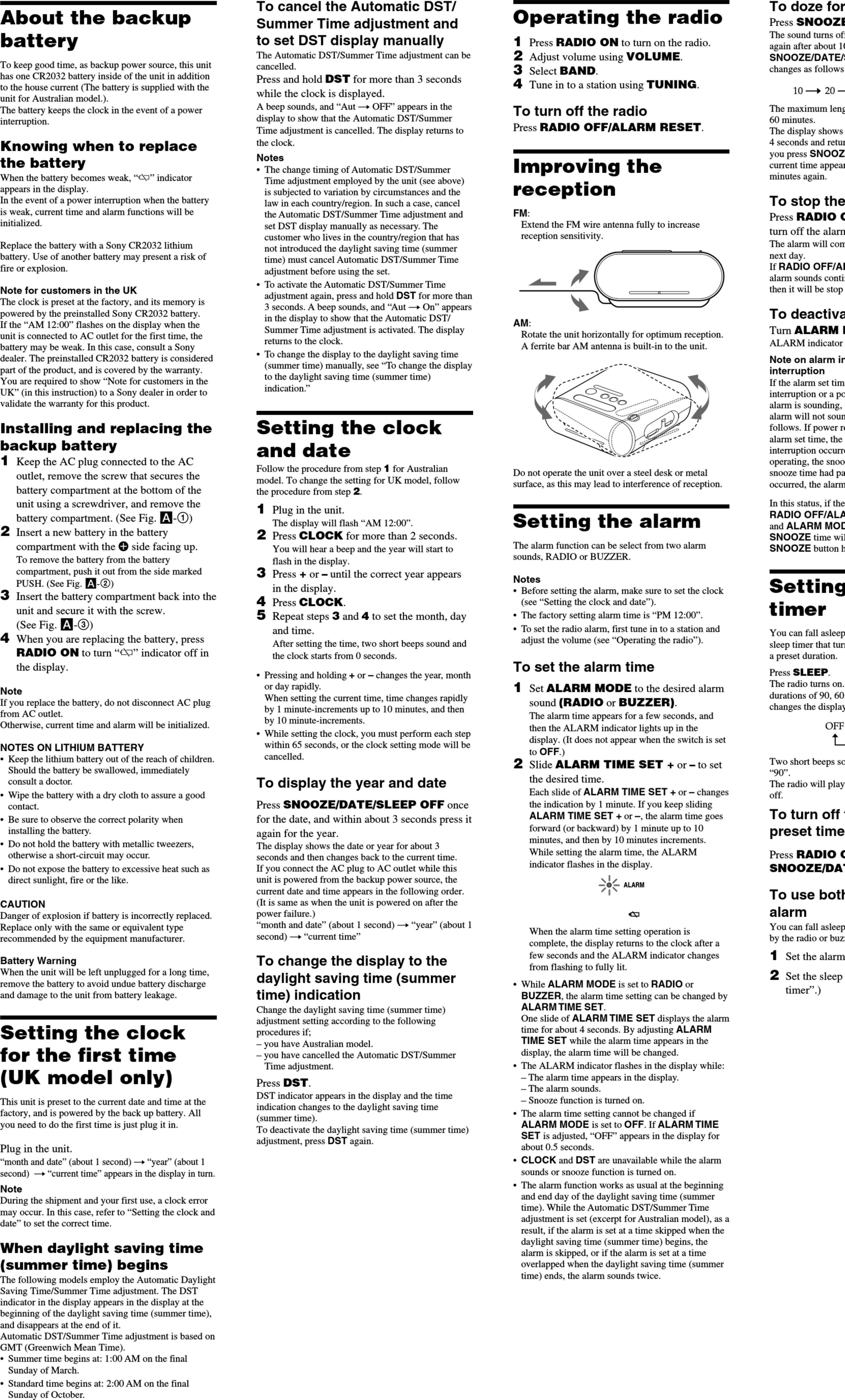 Page 2 of 2 - Sony Sony-Icf-C218-Instruction-And-Operation-Manual-1002680 User Manual