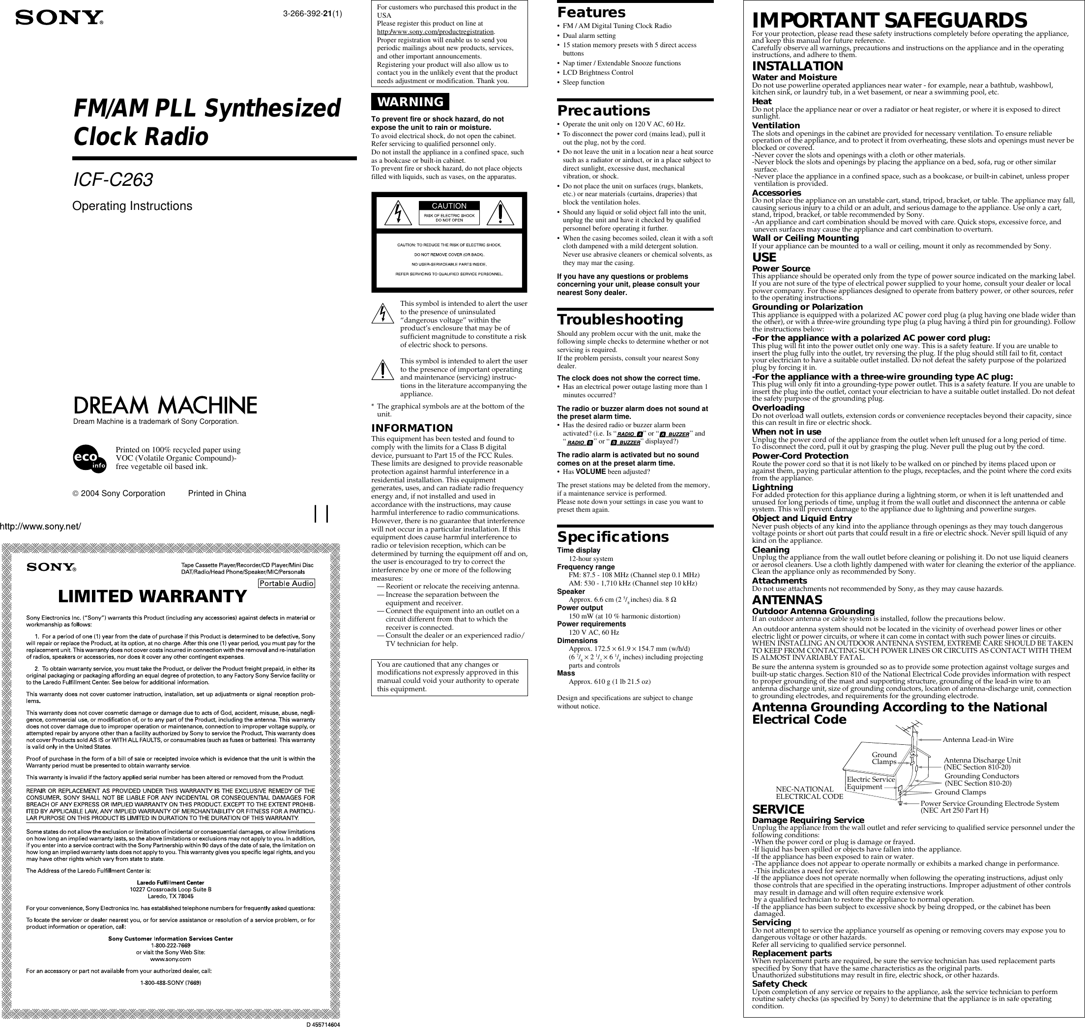 Page 1 of 2 - Sony Sony-Icf-C263-Users-Manual- ICF-C263  Sony-icf-c263-users-manual