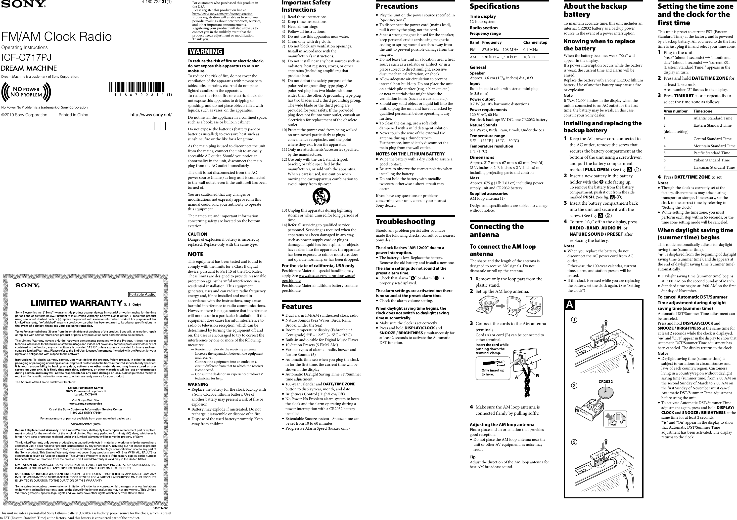 Page 1 of 2 - Sony Sony-Icf-C717Pj-Operation-Manual- ICF-C717PJ Sony-icf-c717pj-operation-manual
