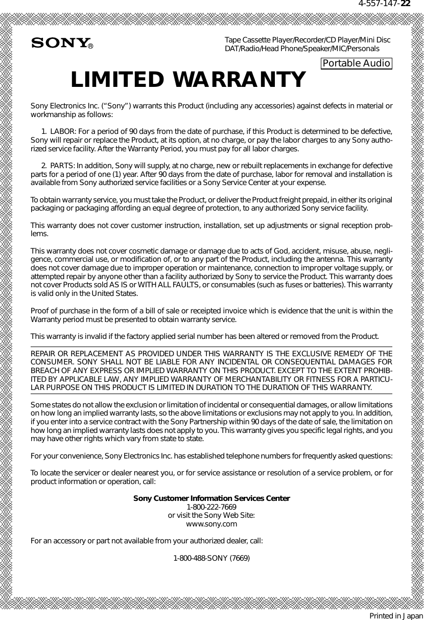 Page 1 of 1 - Sony Sony-Icf-C793-Limited-Warranty- 4-557-147-22  Sony-icf-c793-limited-warranty