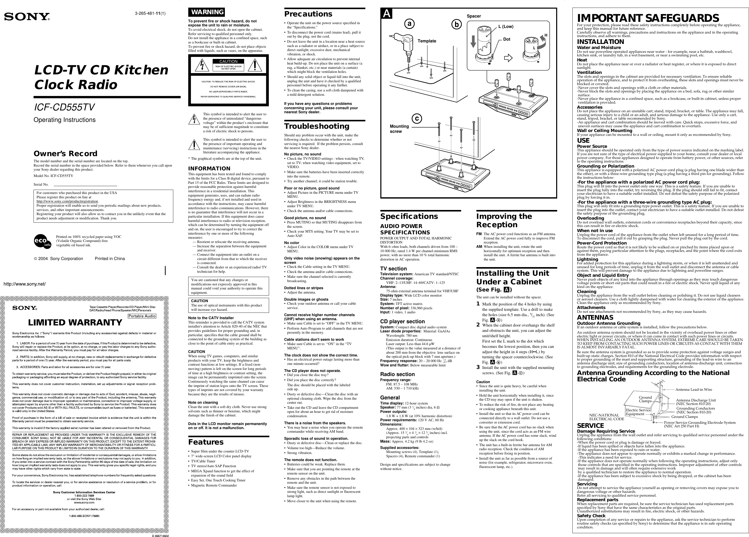 Page 1 of 2 - Sony Sony-Icf-Cd555Tv-Operating-Instructions- ICF-CD555V  Sony-icf-cd555tv-operating-instructions