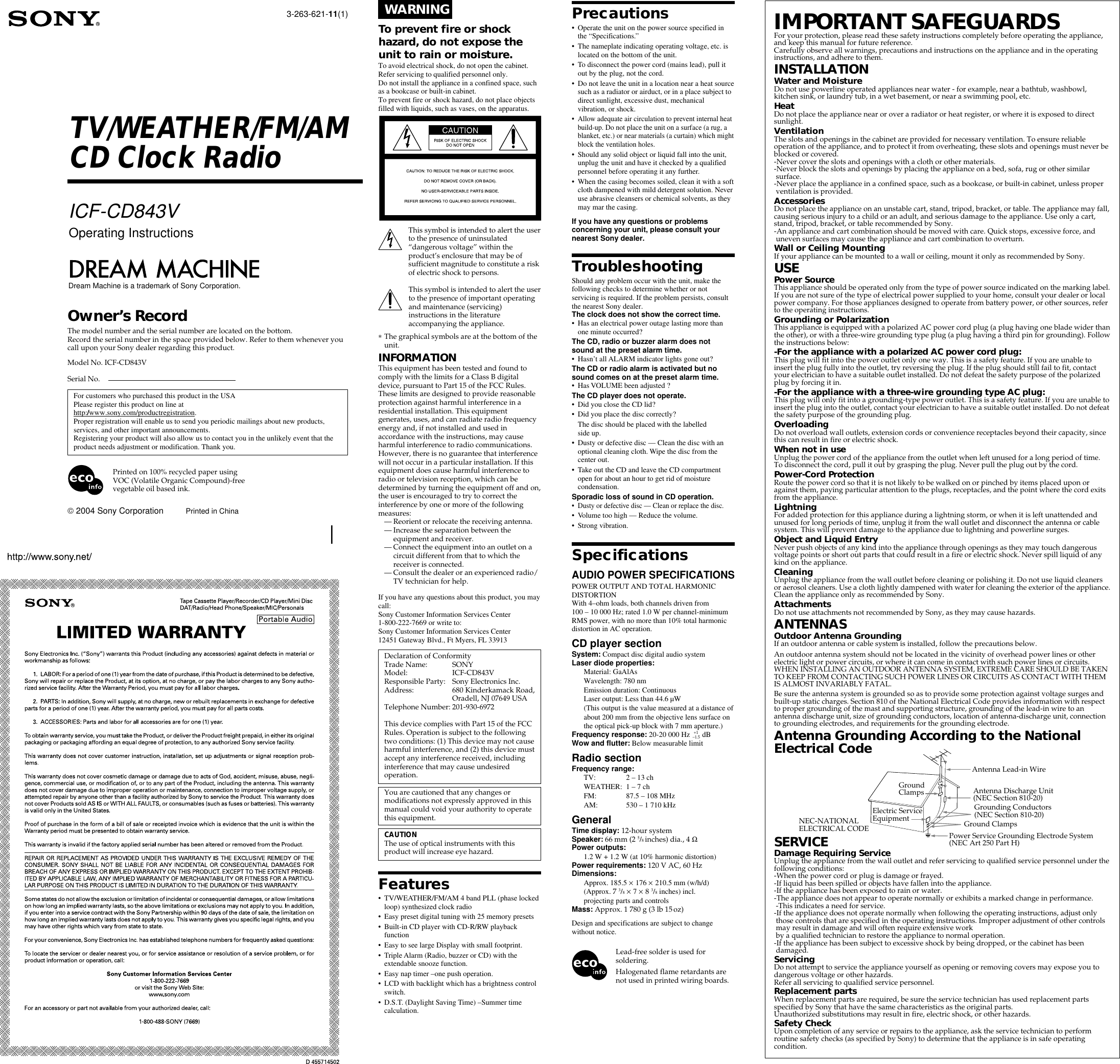 Page 1 of 2 - Sony Sony-Icf-Cd843-Operating-Instructions- ICF-CD843V Sony-icf-cd843-operating-instructions
