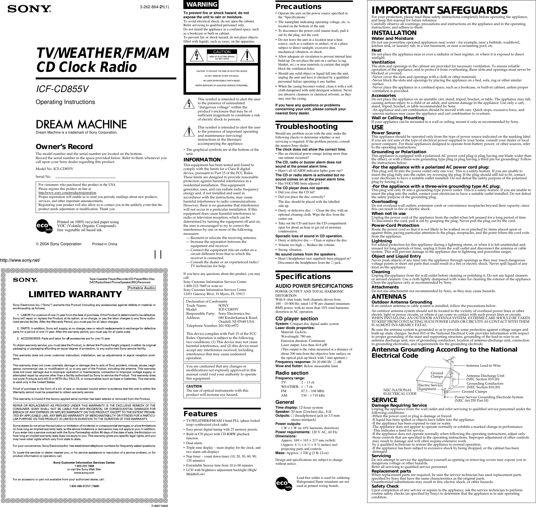 Page 1 of 2 - Sony Sony-Icf-Cd855-Operating-Instructions- ICF-CD855V  Sony-icf-cd855-operating-instructions