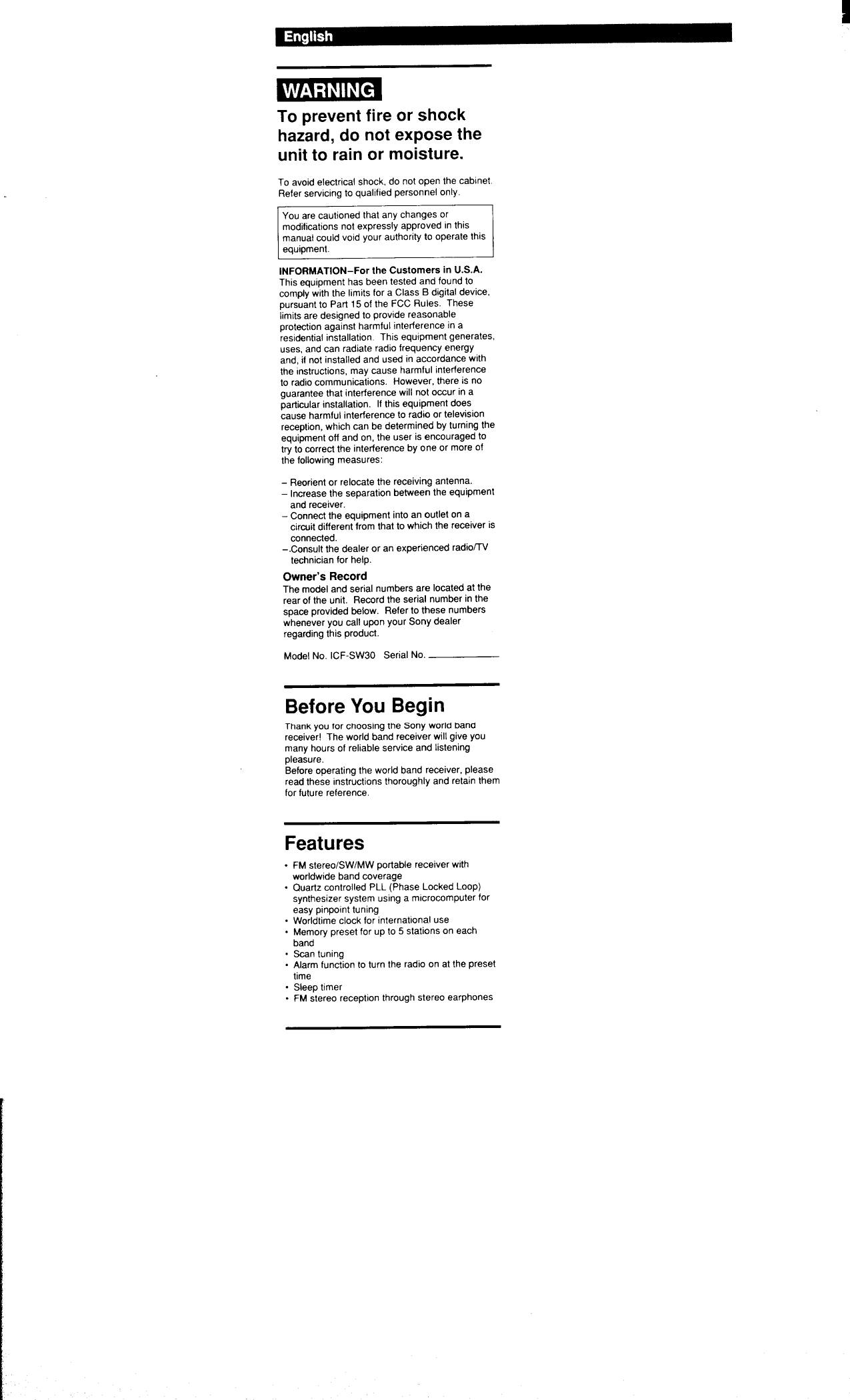 Page 3 of 11 - Sony Sony-Icf-Sw30-Users-Manual-  Sony-icf-sw30-users-manual