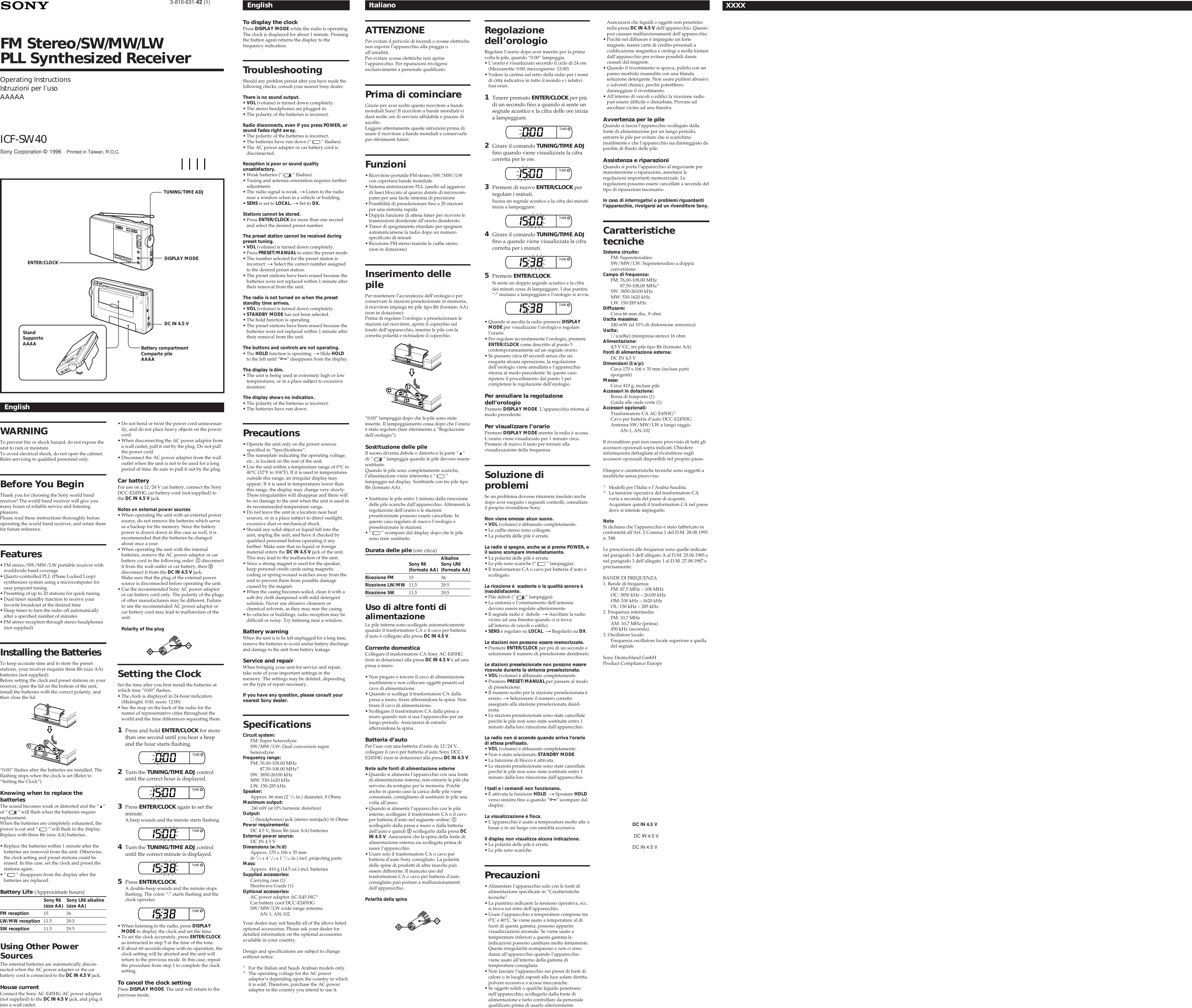 Page 1 of 2 - Sony Sony-Icf-Sw40-Users-Manual- ICF-SW40  Sony-icf-sw40-users-manual