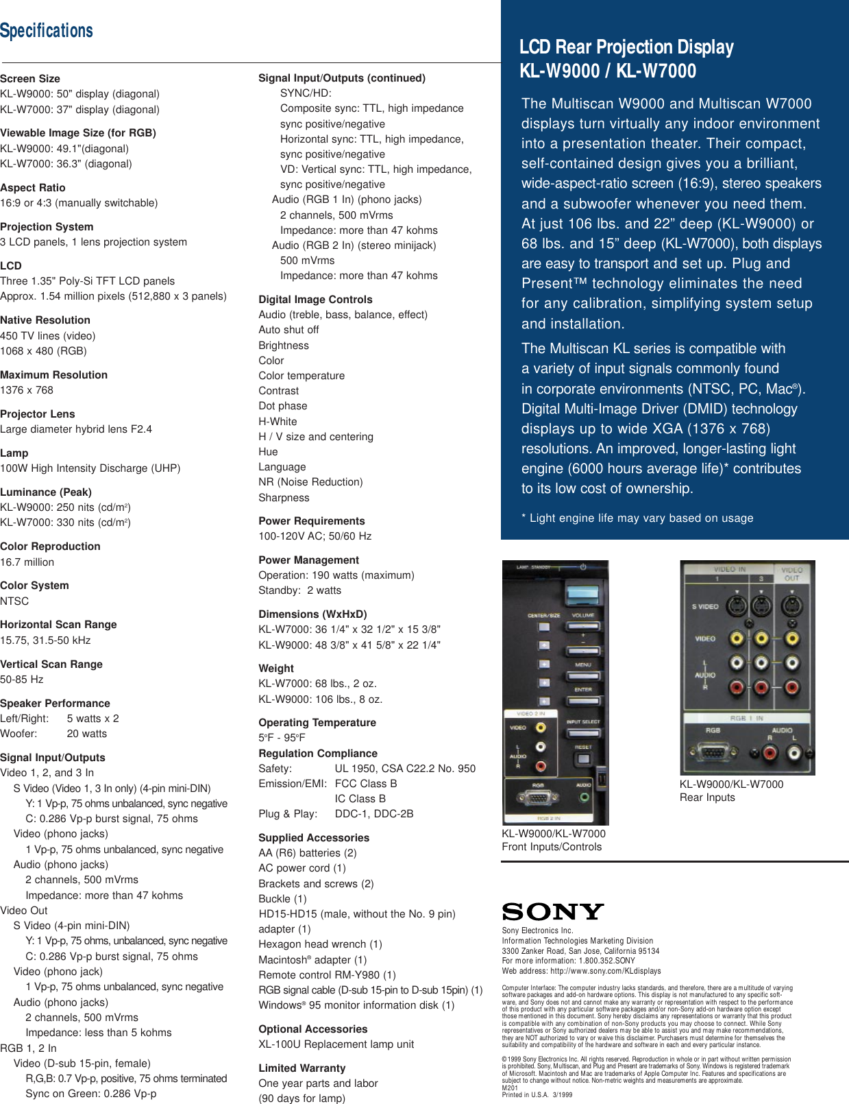 Page 2 of 2 - Sony Sony-Kl-W7000-Marketing-Specifications- KL7000/9000v6 REV  Sony-kl-w7000-marketing-specifications