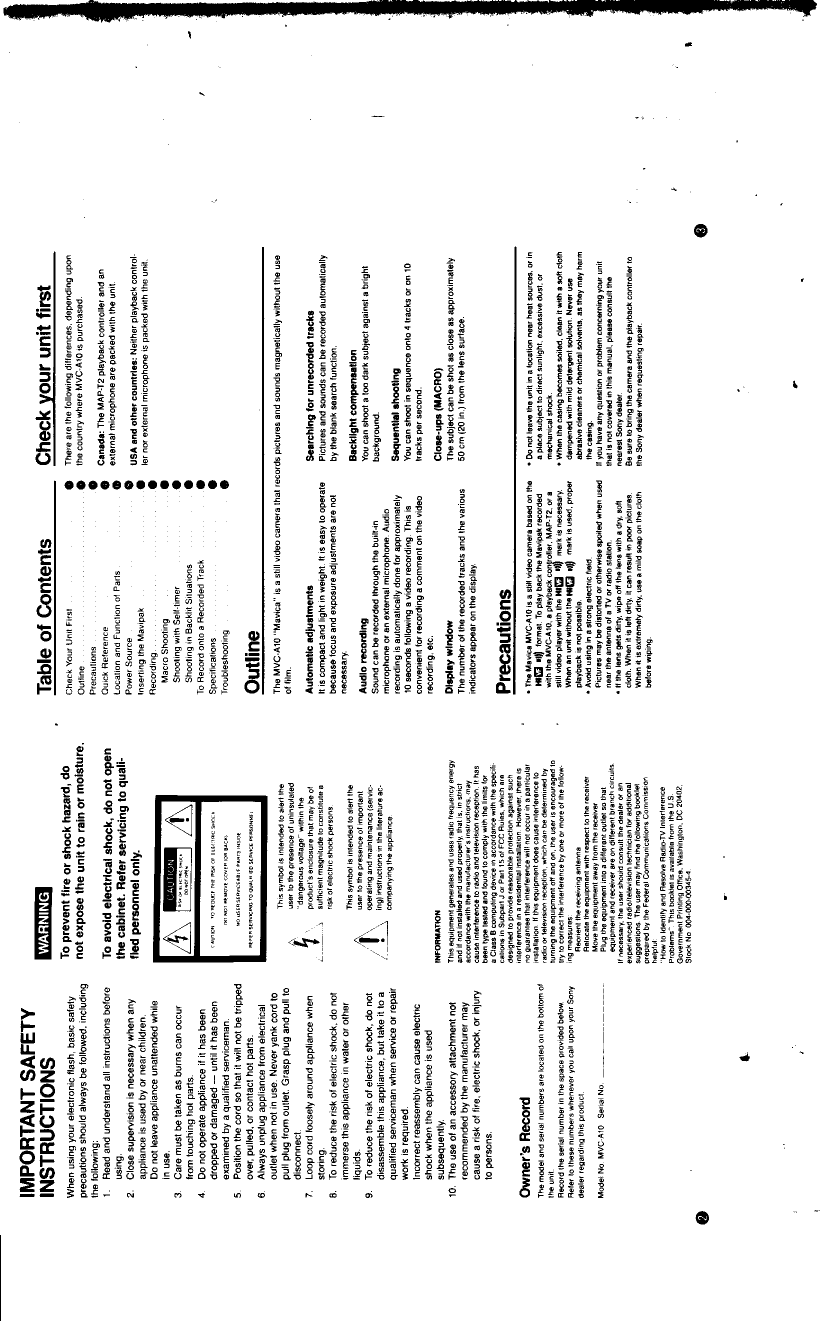 Page 2 of 12 - Sony Sony-Mavica-Mvc-A10-Operating-Instructions-  Sony-mavica-mvc-a10-operating-instructions