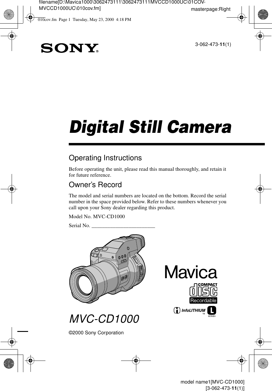 Sony Mavica Mvc Cd1000 Users Manual