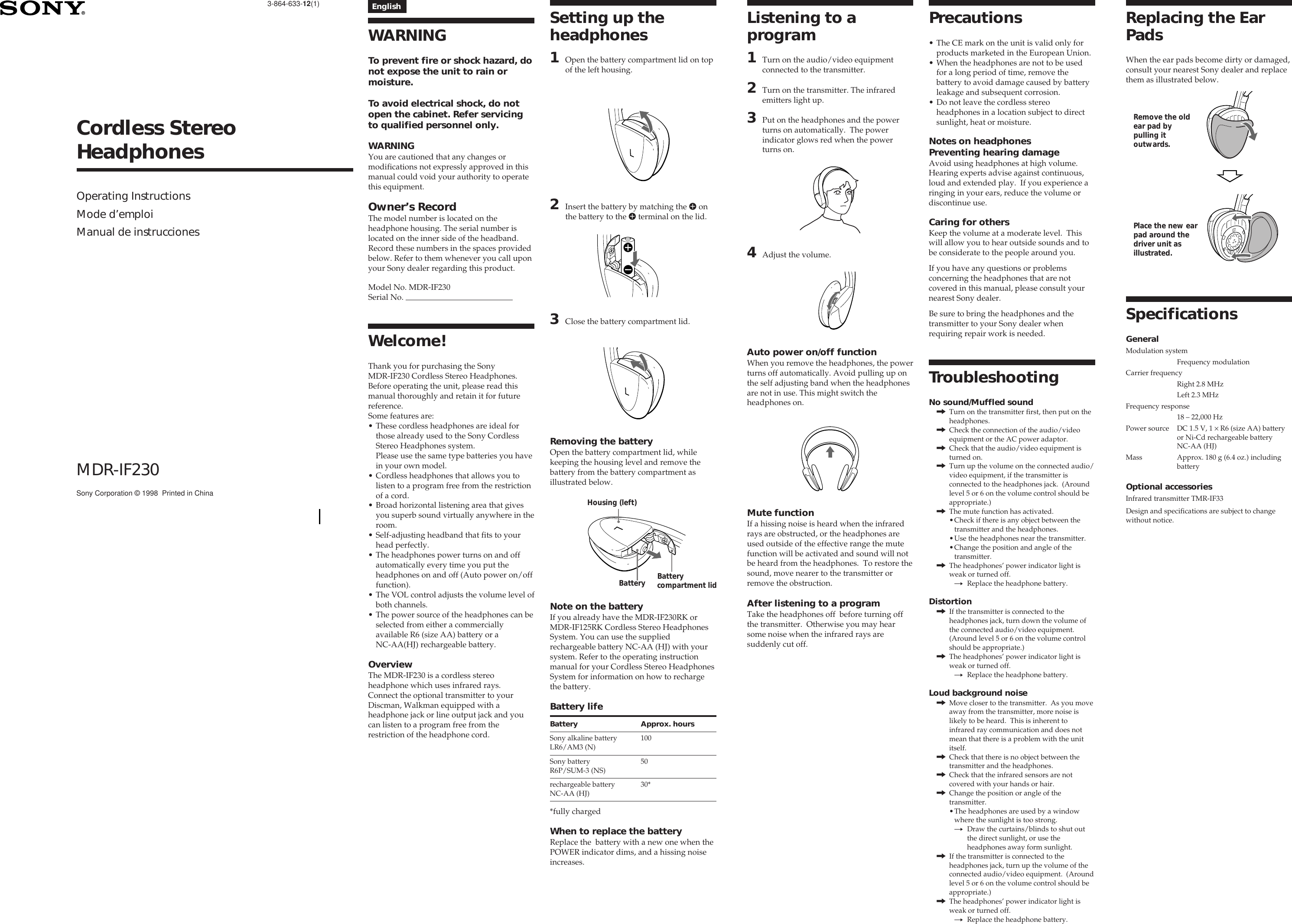 Page 1 of 2 - Sony Sony-Mdr-If230-Users-Manual- MDR-IF230  Sony-mdr-if230-users-manual