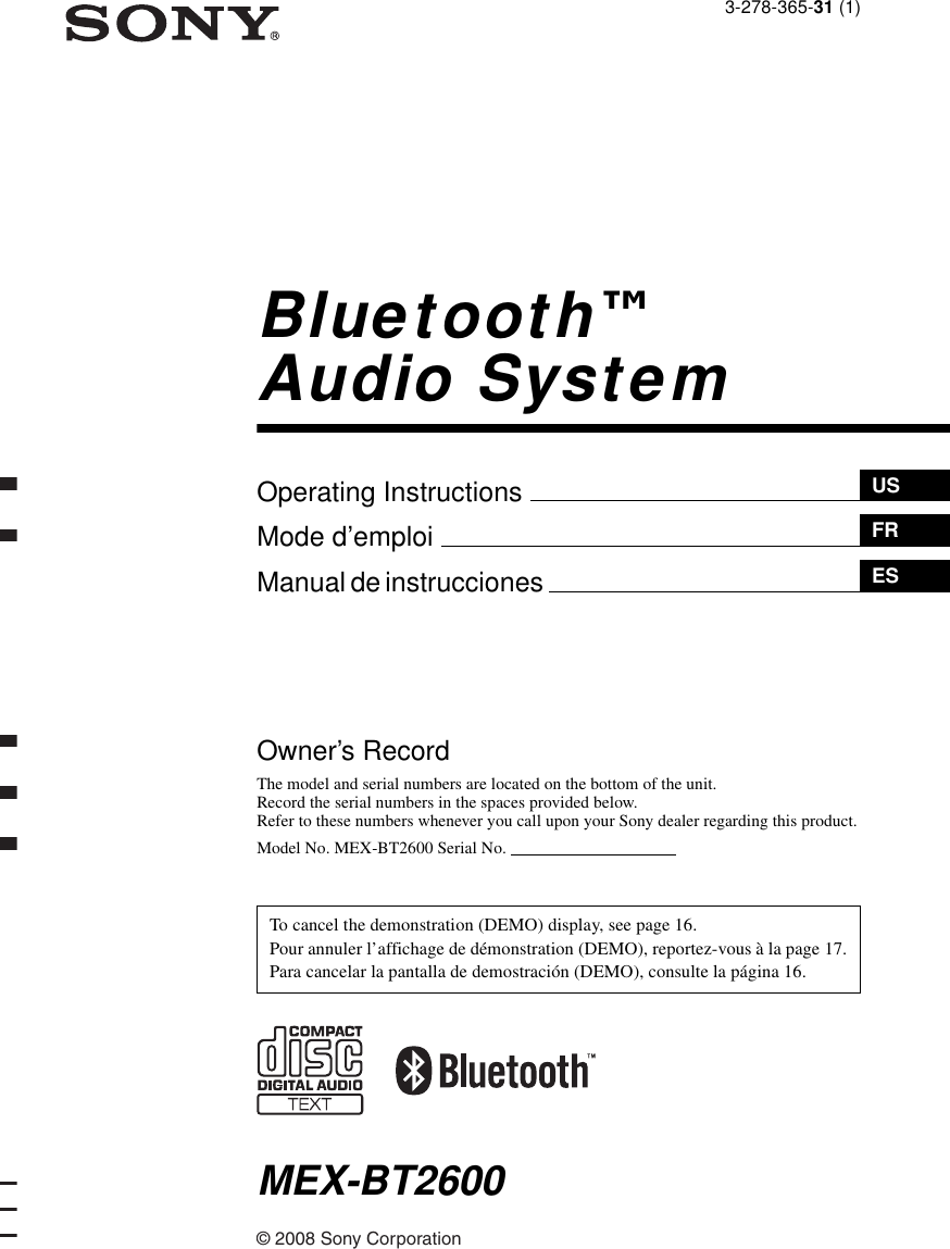 Sony Mex Bt2600 Operating Instructions