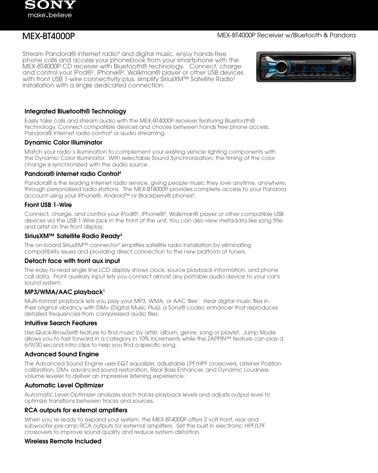 Page 1 of 6 - Sony Sony-Mex-Bt4000P-Marketing-Specifications-  Sony-mex-bt4000p-marketing-specifications
