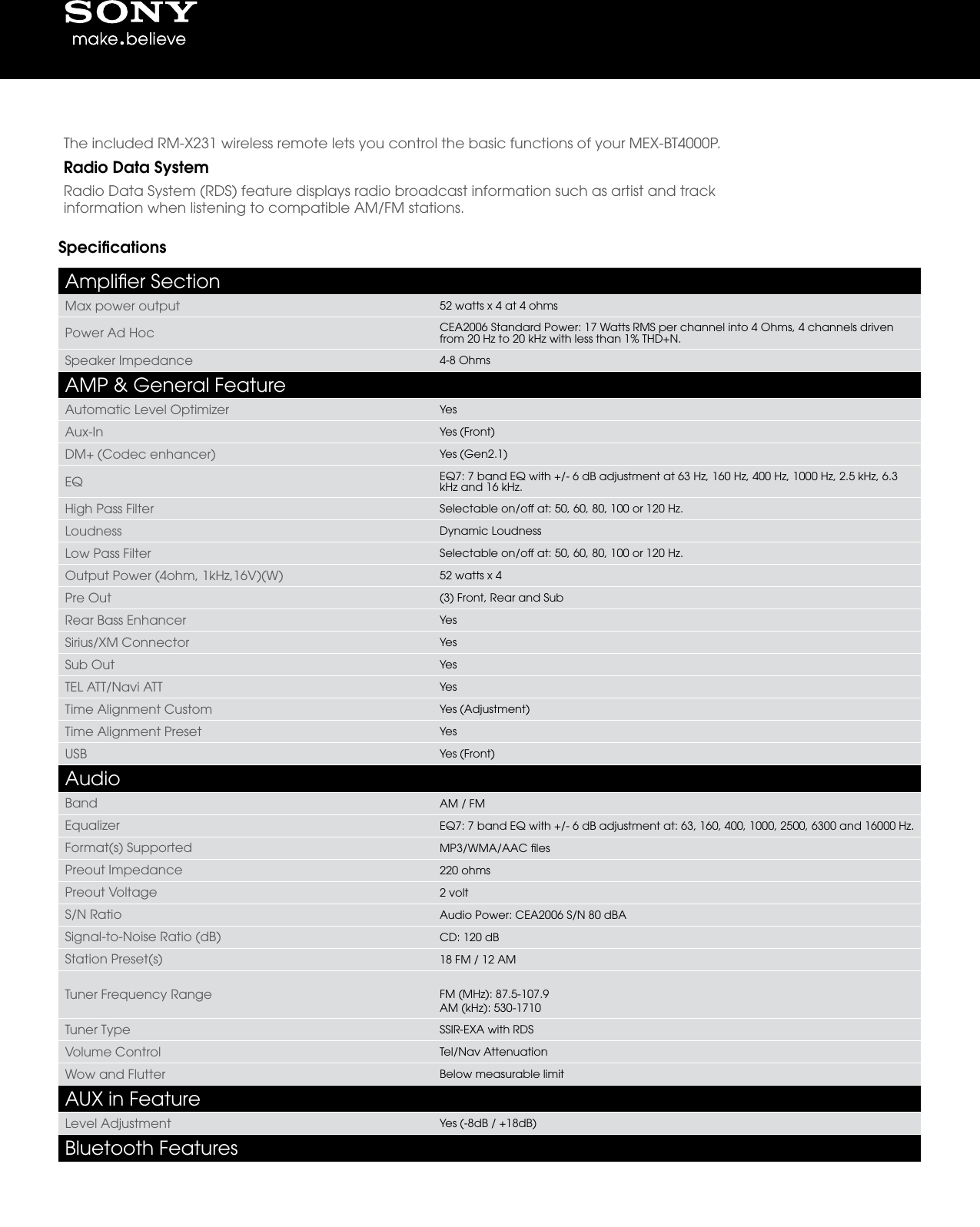 Page 2 of 6 - Sony Sony-Mex-Bt4000P-Marketing-Specifications-  Sony-mex-bt4000p-marketing-specifications